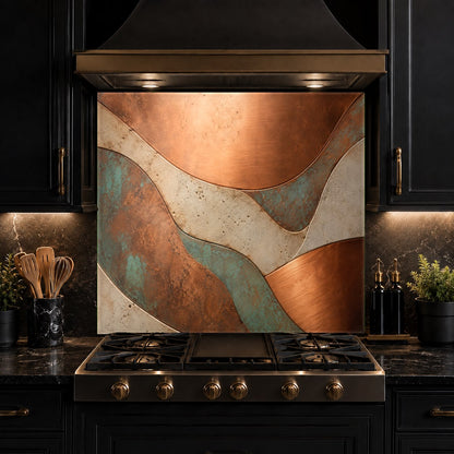 High-gloss copper flow glass backsplash panel reflecting warm under-cabinet lighting in a luxury kitchen.