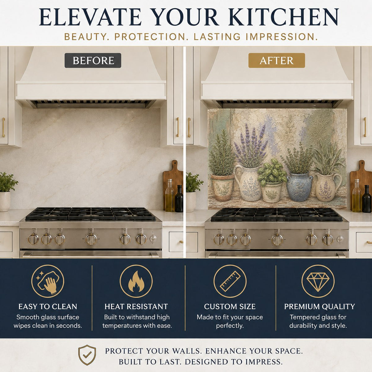 Floral tempered glass backsplash protecting the sink wall in a bright kitchen
