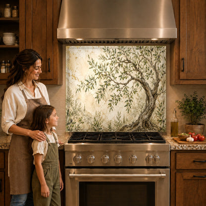 Close-up of the textured olive branch design on a heat-resistant glass backsplash behind a stove range.