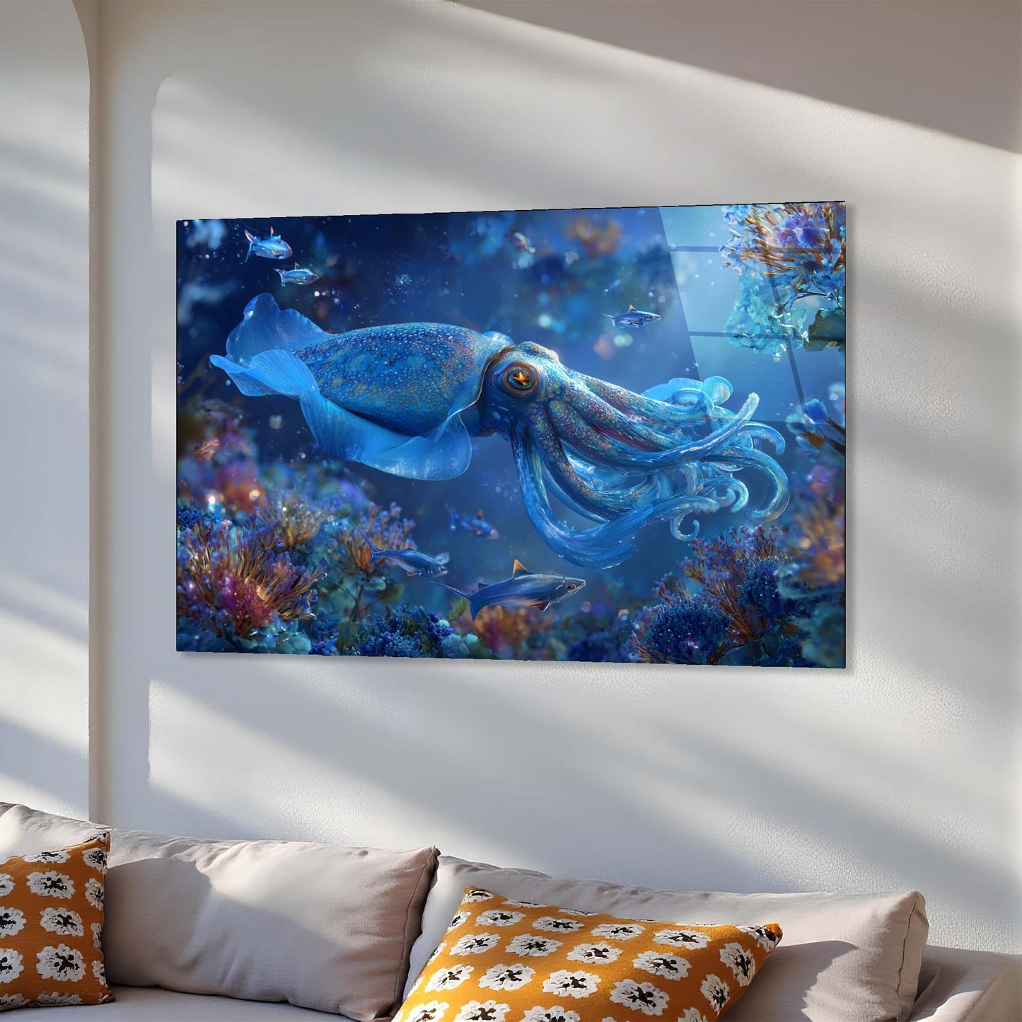 TV displaying an underwater scene with a blue octopus on a white wall above a sofa.
