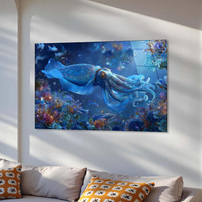 TV displaying an underwater scene with a blue octopus on a white wall above a sofa.