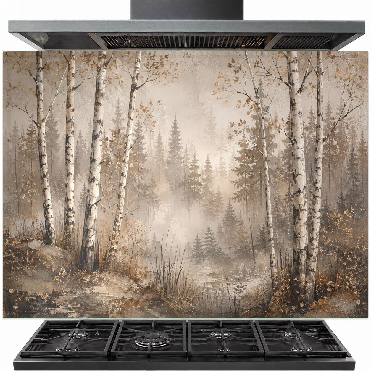 Birch Mist tempered glass backsplash installed behind a modern gas stove