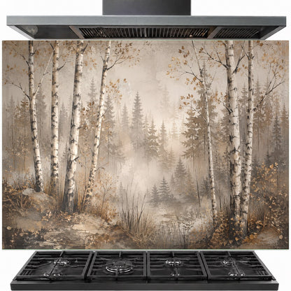 Birch Mist tempered glass backsplash installed behind a modern gas stove