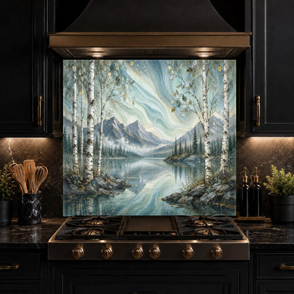 Elegant kitchen design with a misty Great Lake scene printed on a heat-resistant glass stove backsplash.