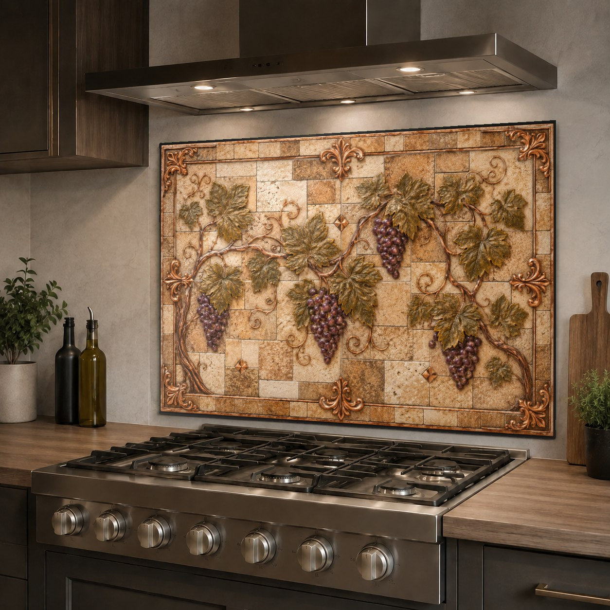 Stunning bronze and copper grapes glass kitchen backsplash panel in a Mediterranean home bar setup.