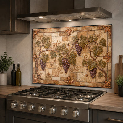 Stunning bronze and copper grapes glass kitchen backsplash panel in a Mediterranean home bar setup.