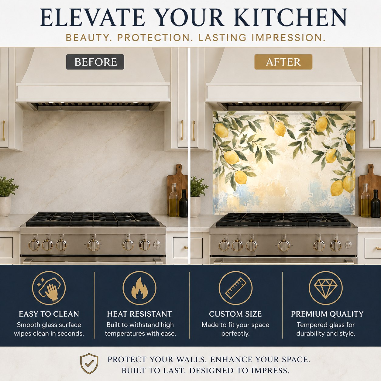Tempered glass kitchen backsplash featuring a lemon tree design behind a kitchen island