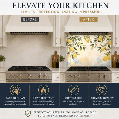Tempered glass kitchen backsplash featuring a lemon tree design behind a kitchen island