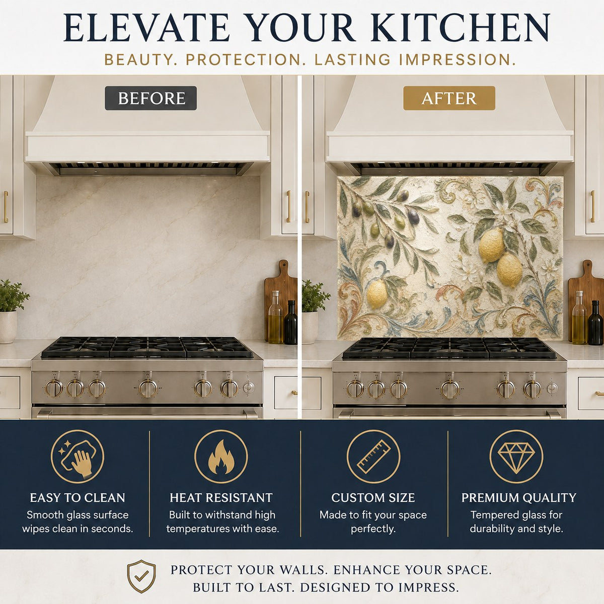 Vibrant lemon and olive branch glass backsplash mounted behind a farmhouse kitchen sink with a matte black faucet.
