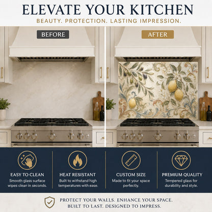 Vibrant lemon and olive branch glass backsplash mounted behind a farmhouse kitchen sink with a matte black faucet.