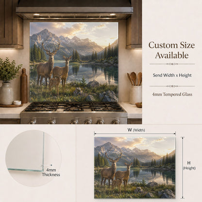 Elegant deer family printed glass backsplash panel accenting a kitchen island wet bar area.