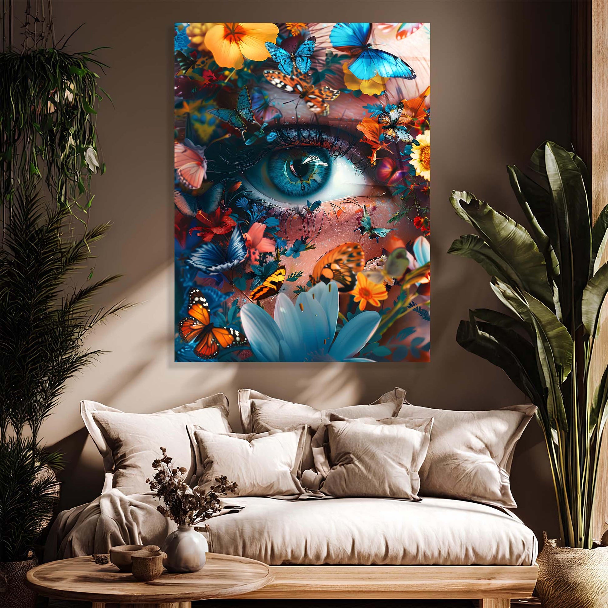 Colorful abstract painting of an eye with flowers and butterflies above a living room with a sofa and plants.