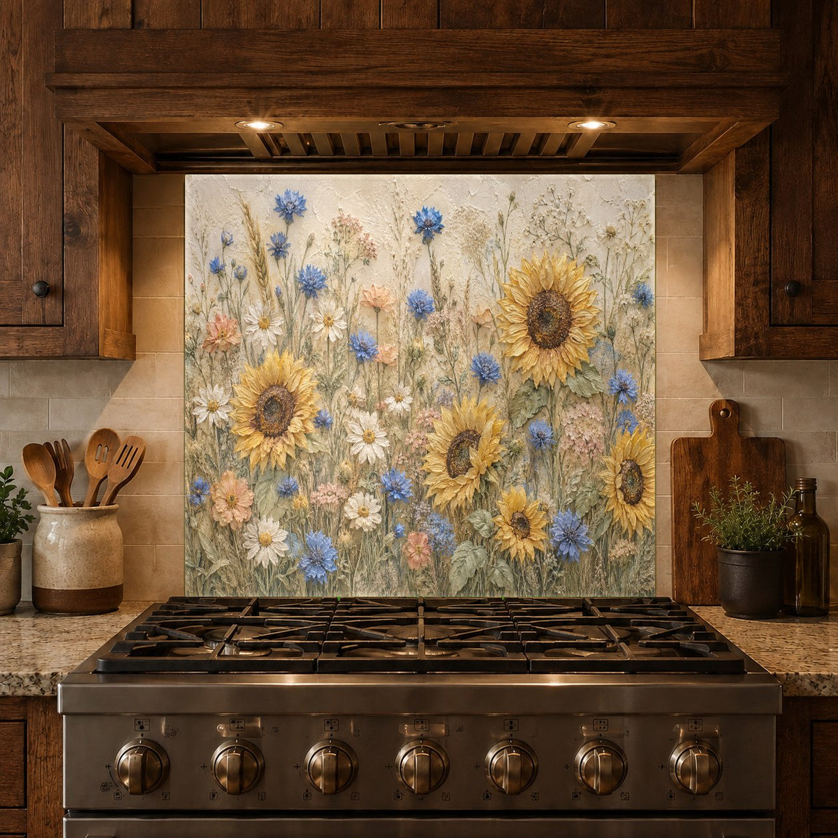 Sunflower kitchen glass backsplash behind stove top