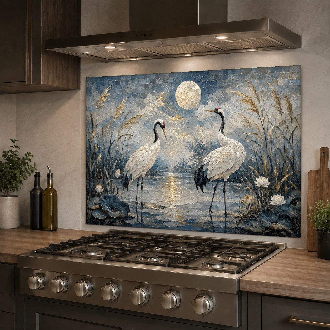 Hygienic and durable moonlit cranes glass kitchen backsplash panel mounted on the wall behind a kitchen sink.
