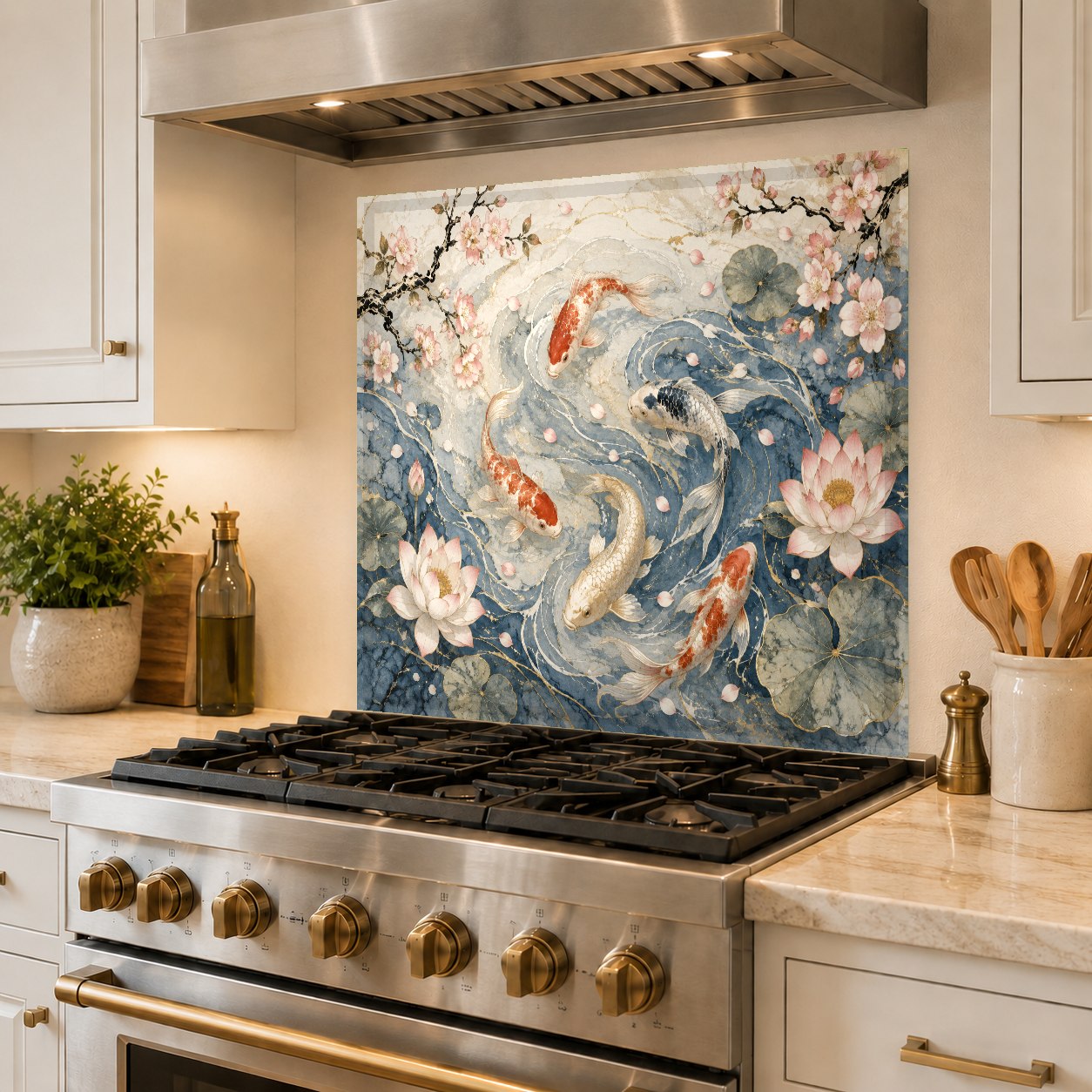 Detailed shot of celestial koi fish pattern on heat-resistant kitchen glass