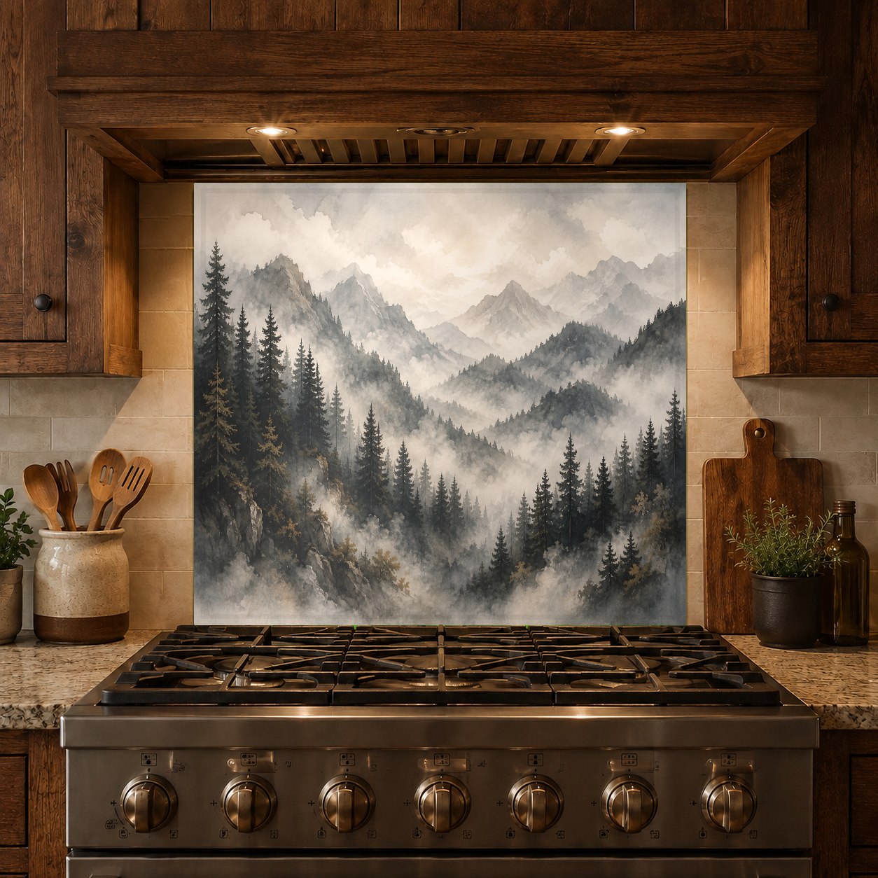 Foggy woodland scene printed on a sleek kitchen glass backsplash panel next to white cabinets.