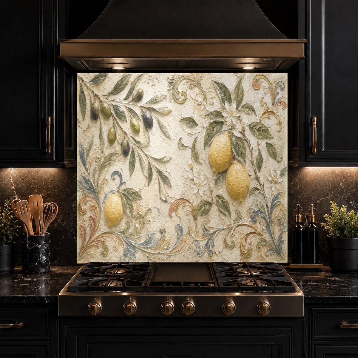 Heat-resistant tempered glass backsplash with a fresh lemon and olive pattern behind a professional range stove.