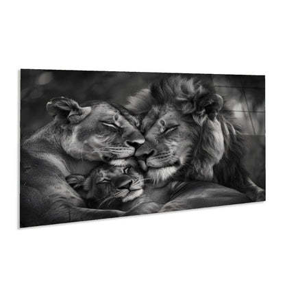Black and white photo of a lion family with a lioness, male, and cub.