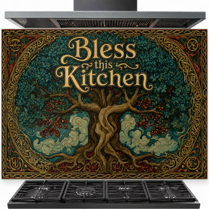 Bless This Kitchen tempered glass backsplash installed behind a stainless steel gas stove