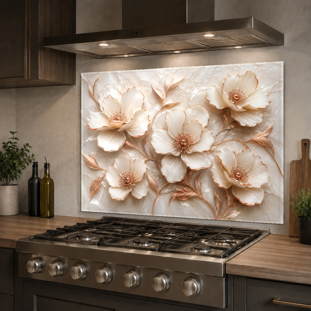 Detail shot of the heat-resistant floral copper glass backsplash panel in a rustic kitchen setting.