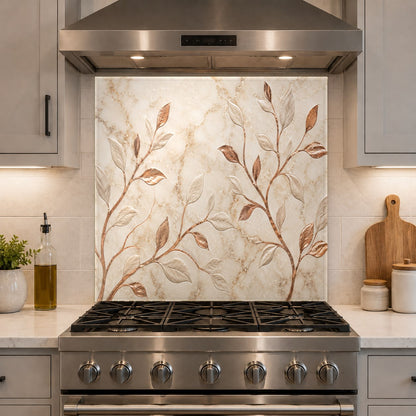 Durable tempered glass kitchen panel with autumn copper leaves behind a slide-in range