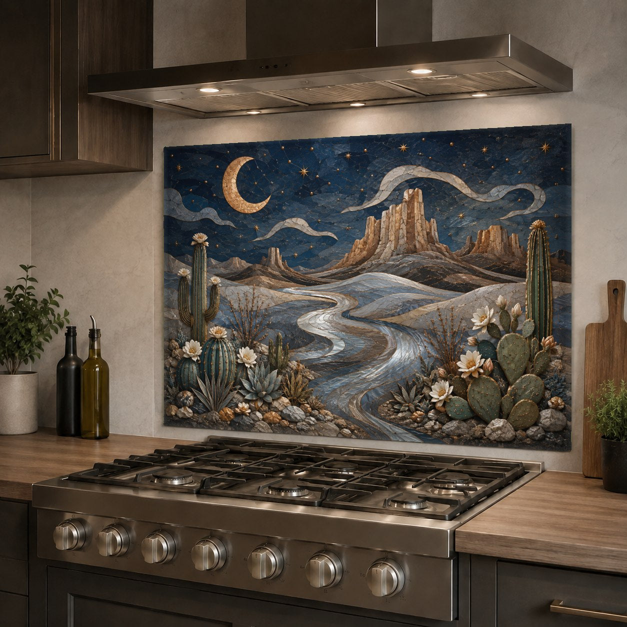 Hygienic and easy-to-clean glass kitchen backsplash featuring a serene terracotta desert landscape behind the sink.
