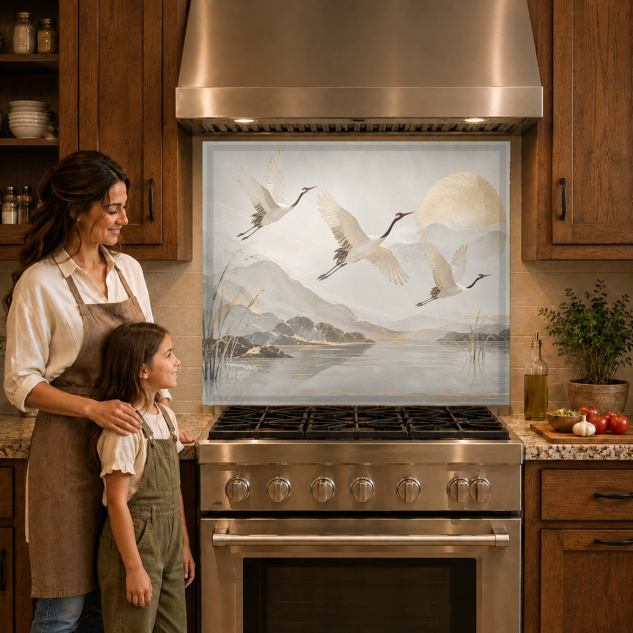 Nature birds glass backsplash panel protecting a stainless steel cooktop
