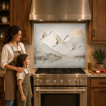 Nature birds glass backsplash panel protecting a stainless steel cooktop