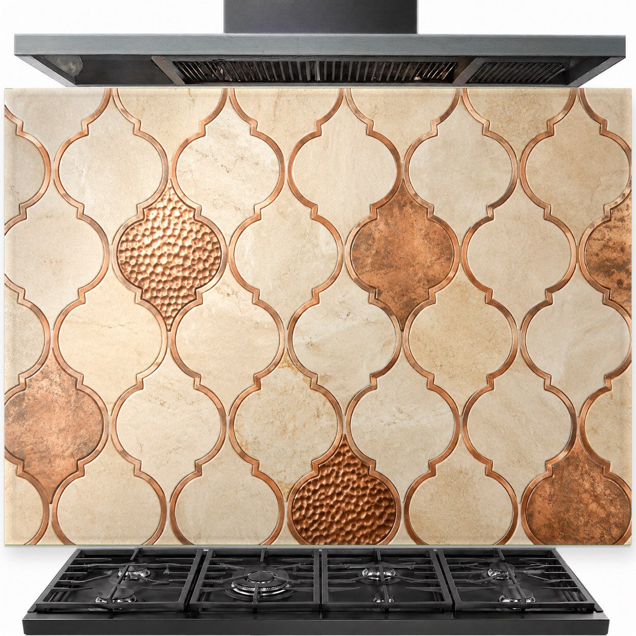 Copper geometric tempered glass backsplash installed behind a modern gas stove in a contemporary kitchen.