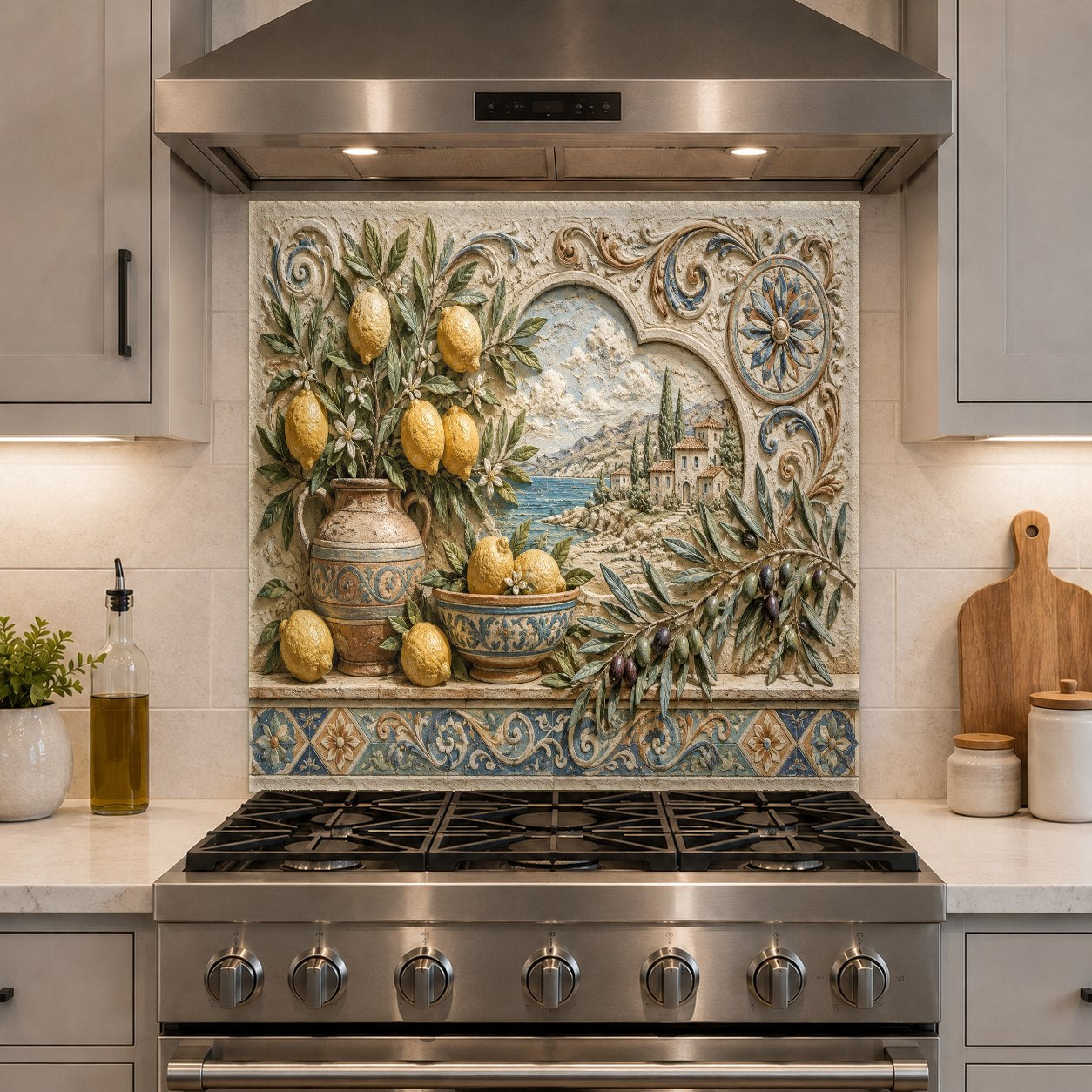 Tempered glass kitchen backsplash with citrus design and glossy finish