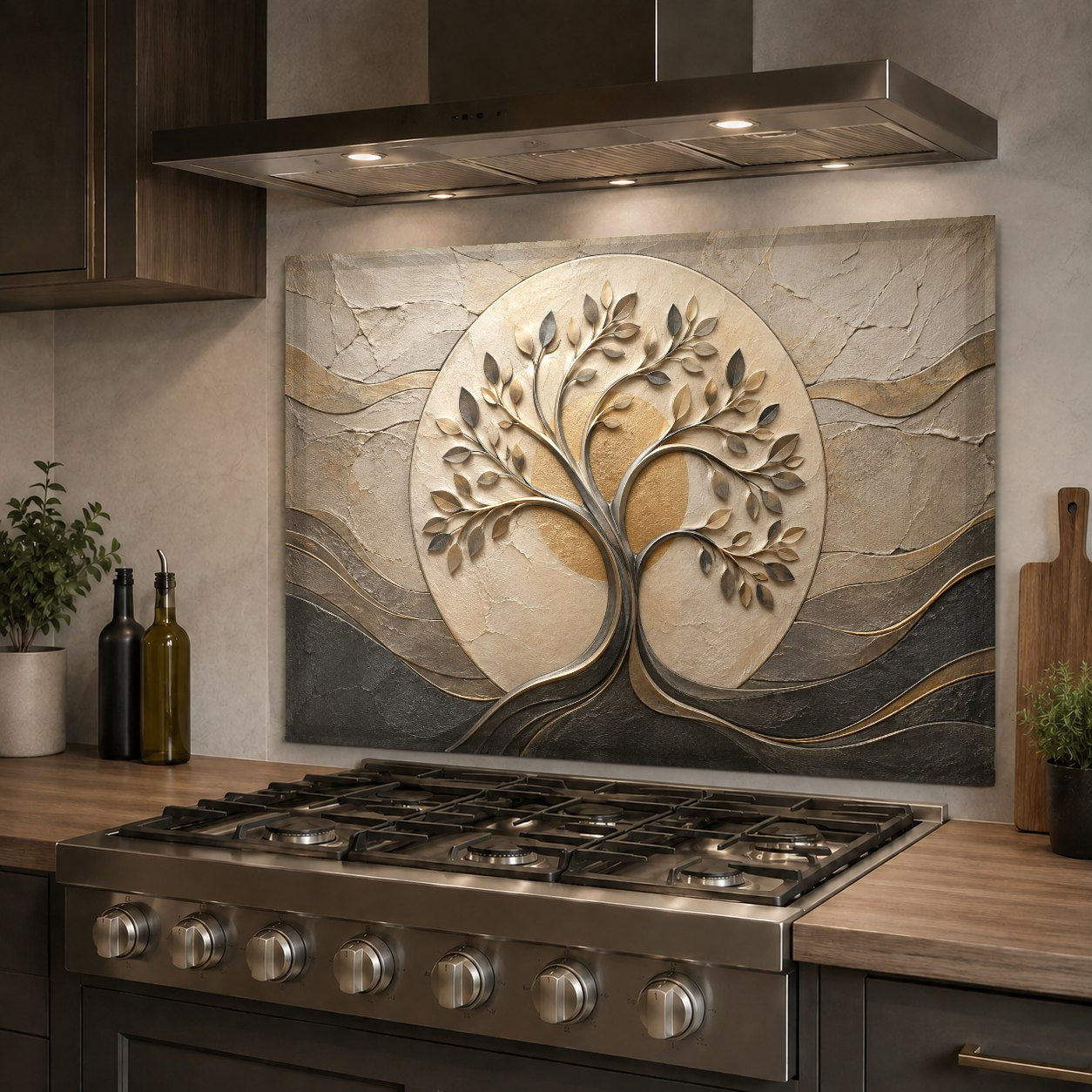Modern tree glass backsplash protecting the sink wall from water splashes
