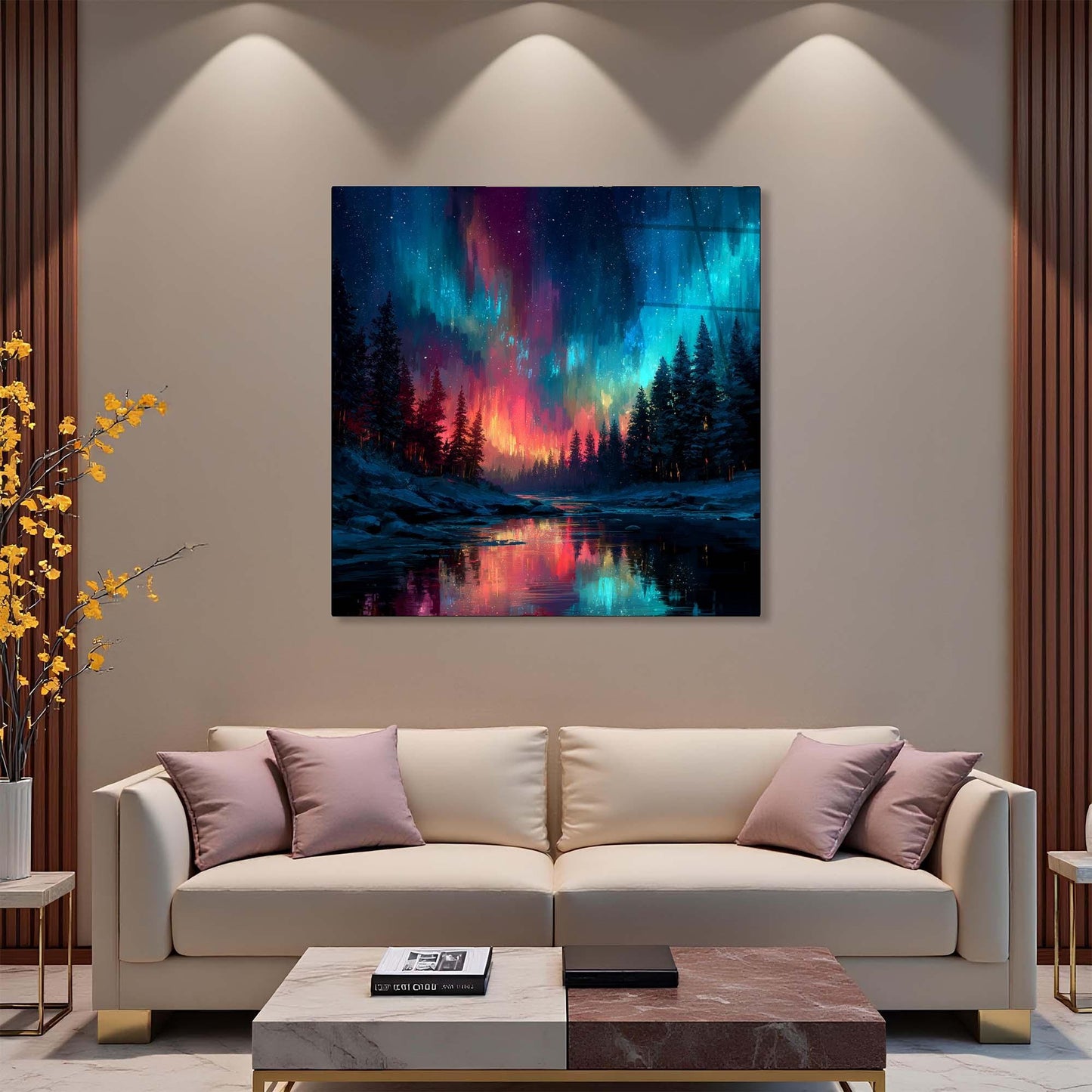 Modern living room with a colorful abstract painting on the wall above a beige sofa.
