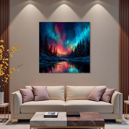 Modern living room with a colorful abstract painting on the wall above a beige sofa.