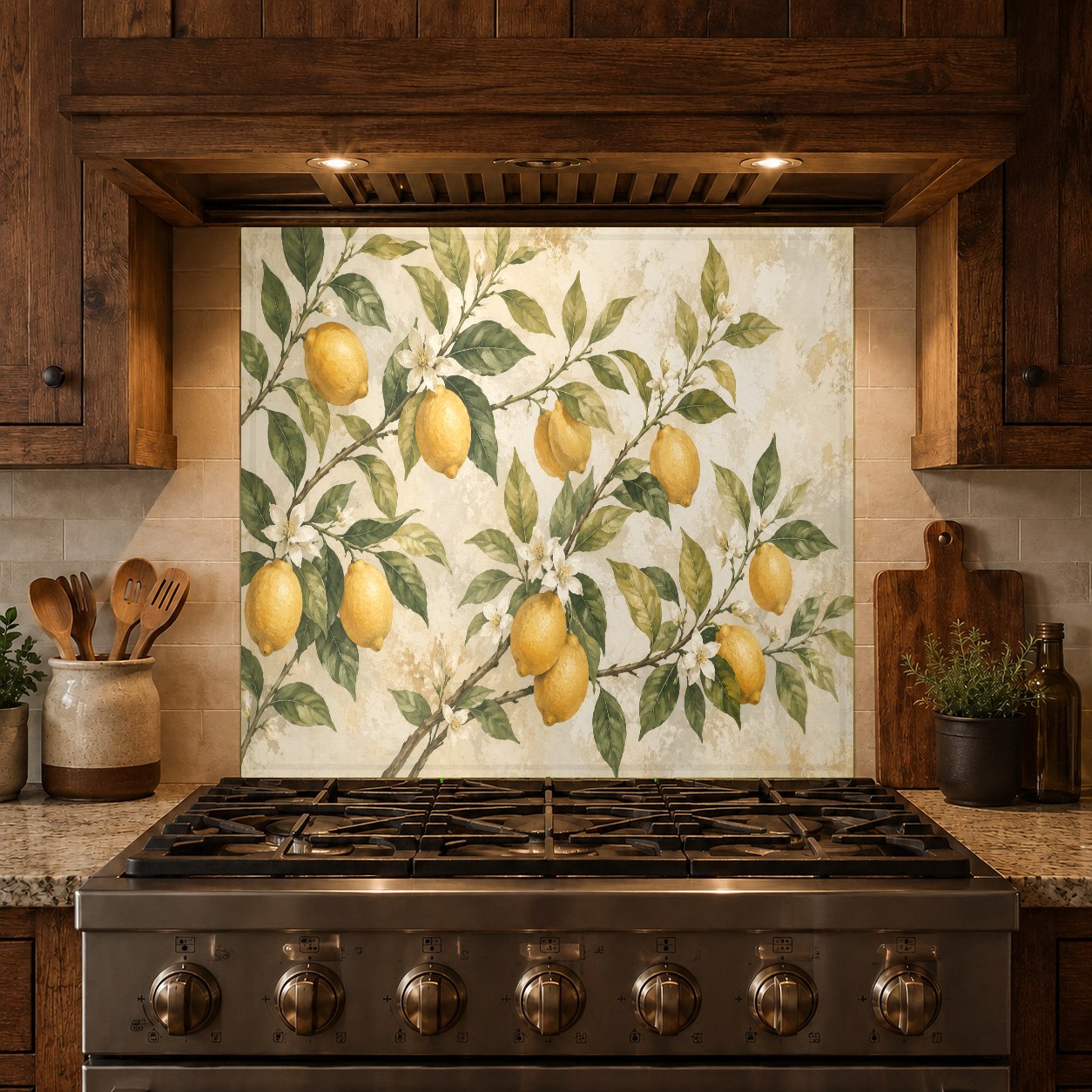 Rustic farmhouse kitchen featuring a yellow lemon theme tempered glass backsplash panel behind the range.