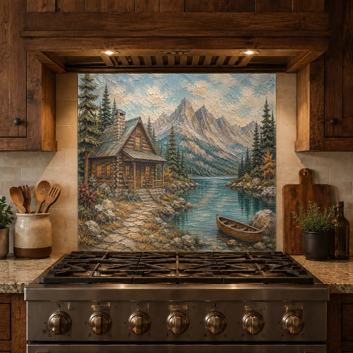 Elegant mountain lake glass backsplash reflecting warm ambient light in a modern rustic kitchen design.