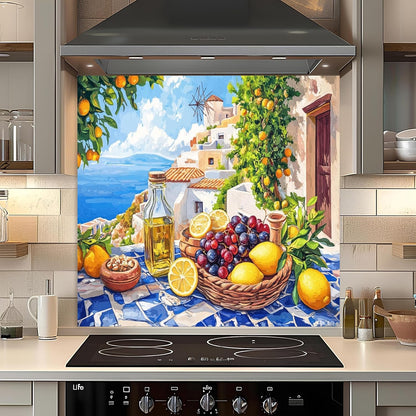 Decorative kitchen backsplash with a scenic mural of a coastal village.