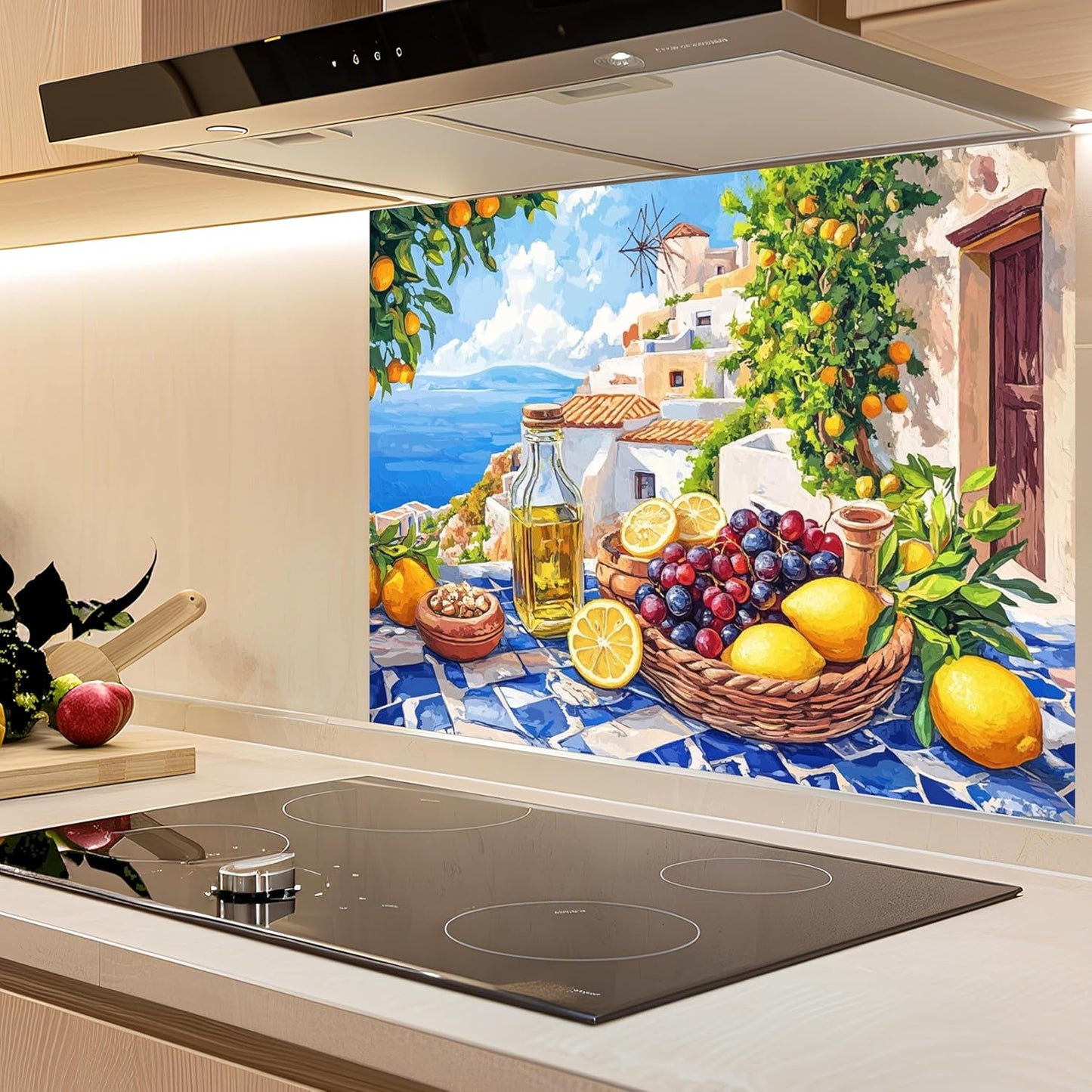 Kitchen with a decorative backsplash featuring a Mediterranean scene with fruit and buildings.