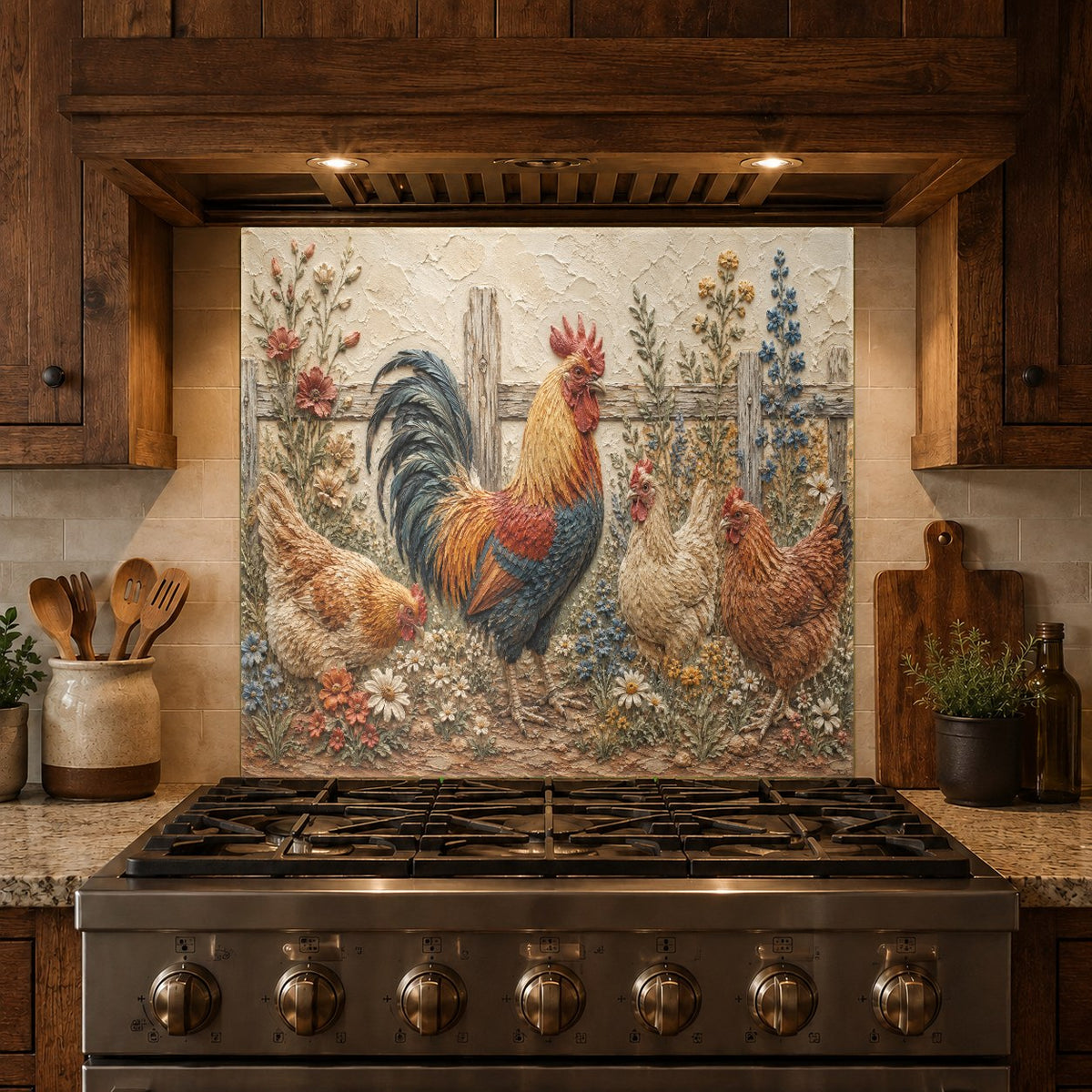 Modern kitchen featuring rooster tempered glass backsplash panel