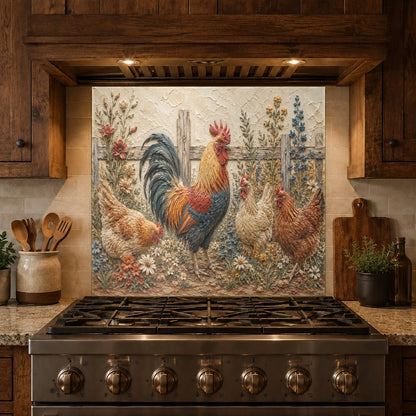 Modern kitchen featuring rooster tempered glass backsplash panel