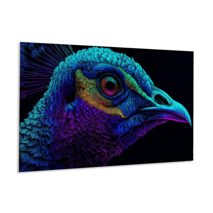 Close-up of a colorful peacock head with vibrant blue, green, and purple hues on a black background.