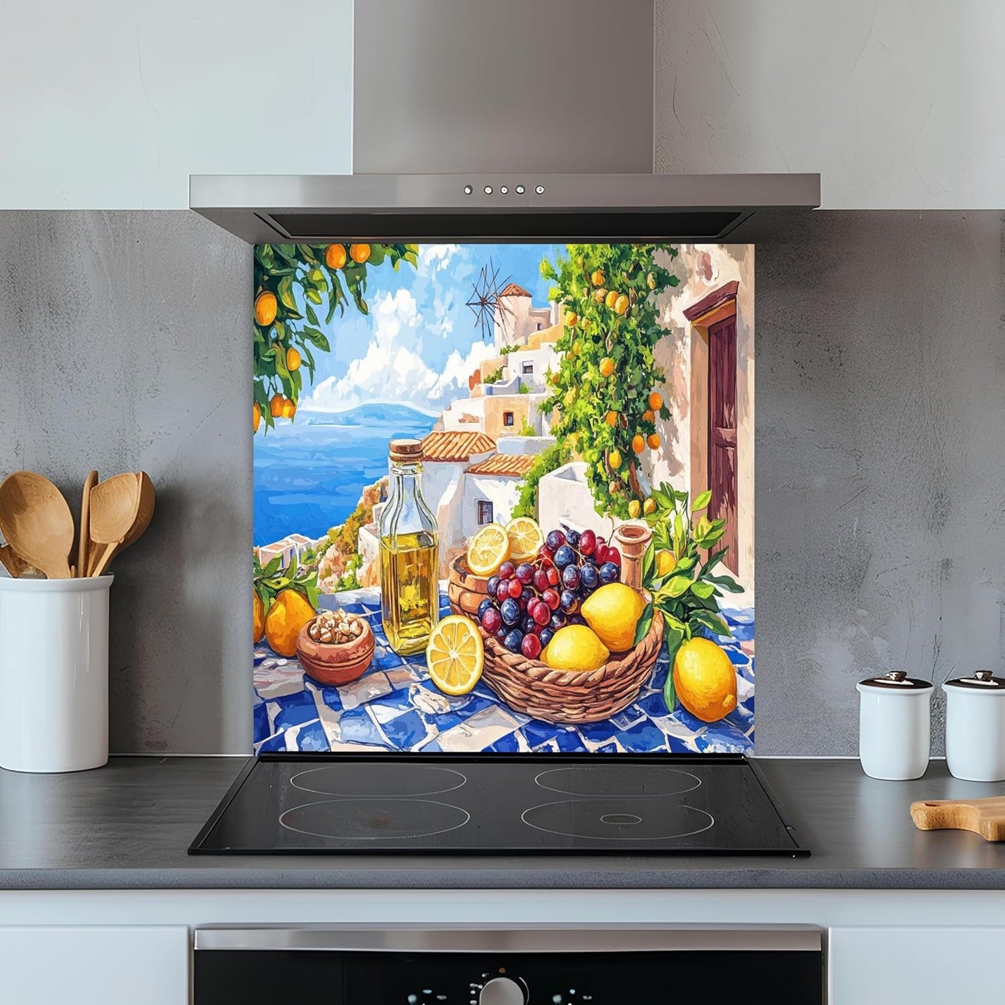 Kitchen backsplash with a colorful mural of a Mediterranean scene featuring fruit and buildings.