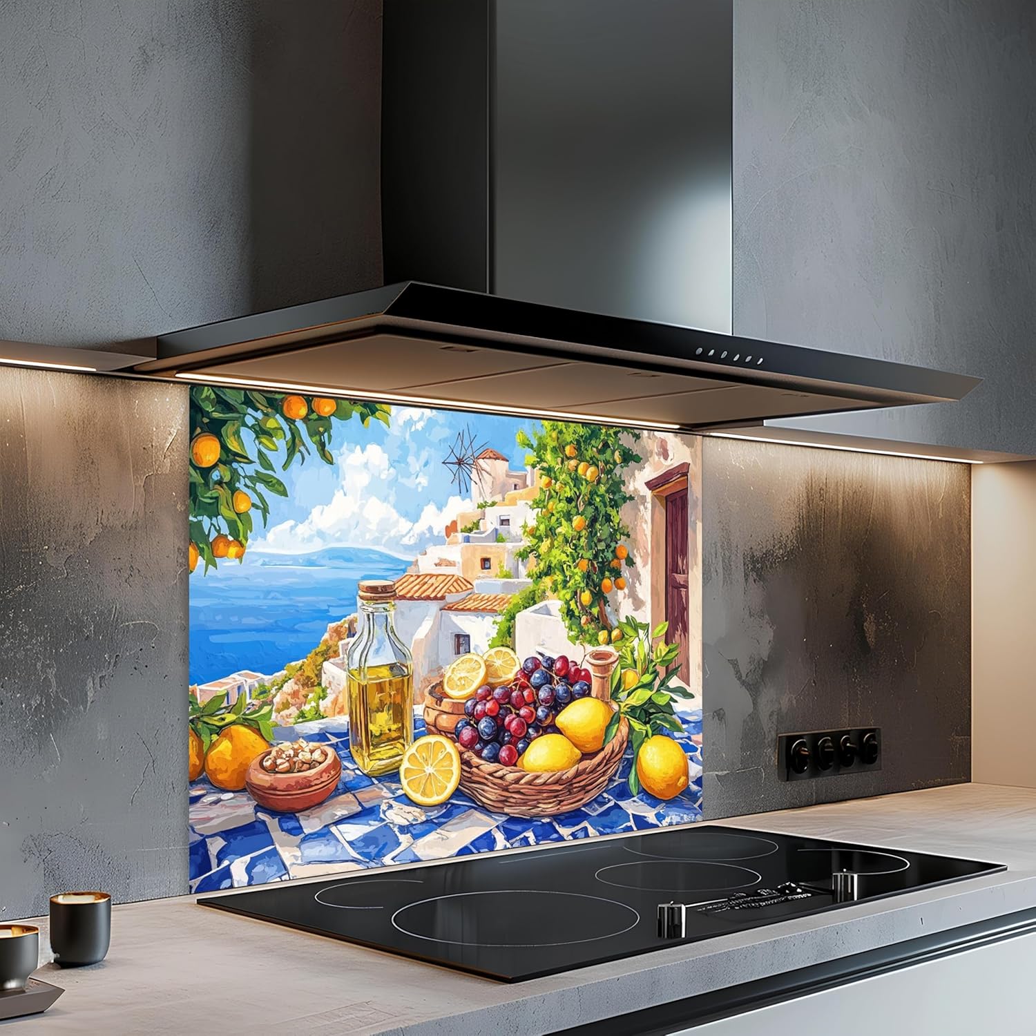 Kitchen with a decorative backsplash featuring a scenic view and fruits.