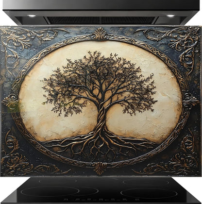 Decorative wall art with a tree design on an oven.