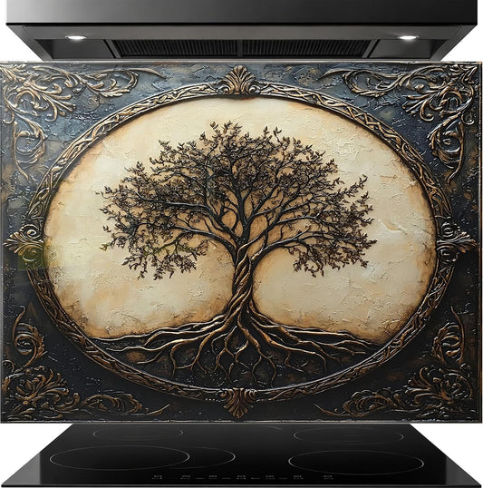 Decorative wall art with a tree design on an oven.