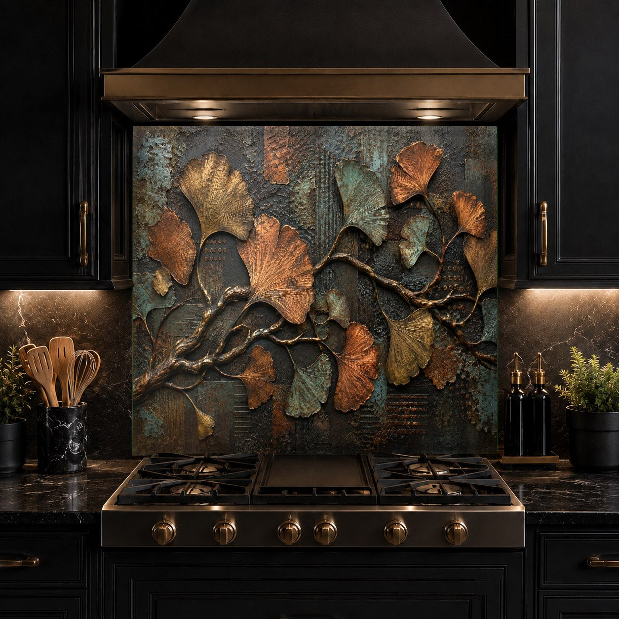 Modern kitchen featuring a shiny ginkgo metal glass backsplash panel behind the range