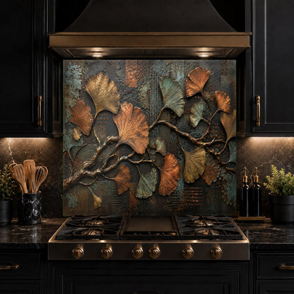 Modern kitchen featuring a shiny ginkgo metal glass backsplash panel behind the range