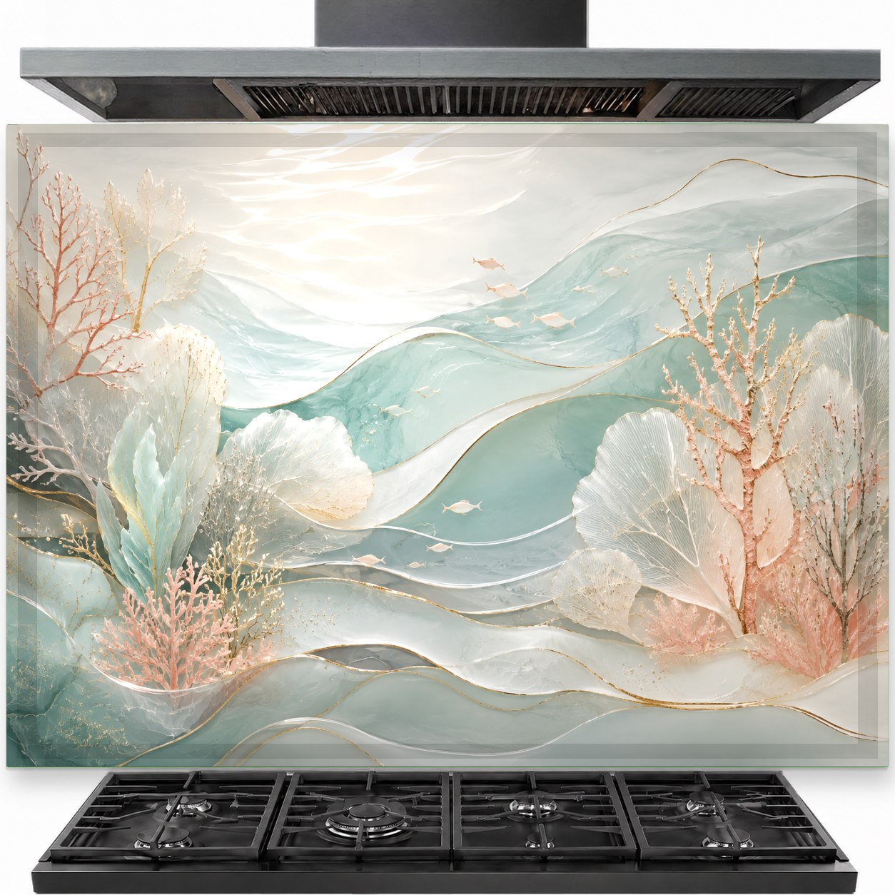 Coastal tempered glass backsplash installed behind a modern kitchen stove