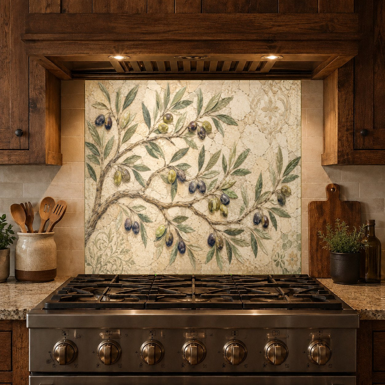 Custom glass kitchen backsplash panel in an olive grove design behind a coffee bar area