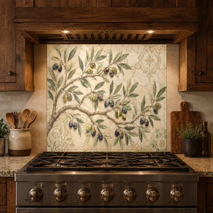 Custom glass kitchen backsplash panel in an olive grove design behind a coffee bar area