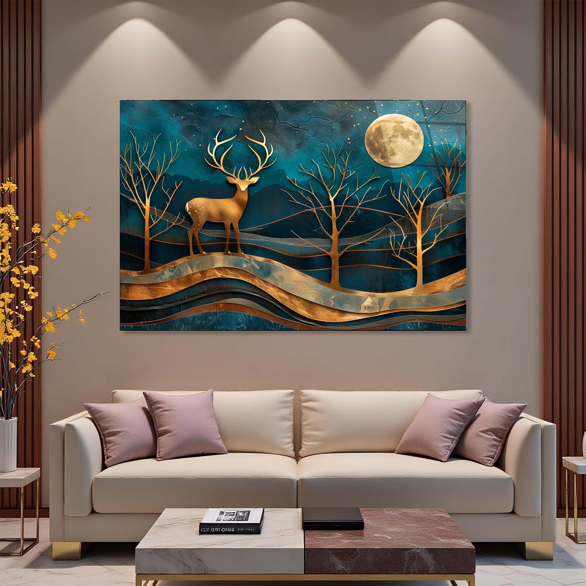 Decorative wall art of a deer in a forest scene above a beige sofa with purple cushions.